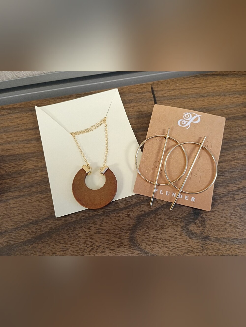 Plunder Designs Adelaide Gold Tone Earrings & Chain Necklace w/wood Crescent lot